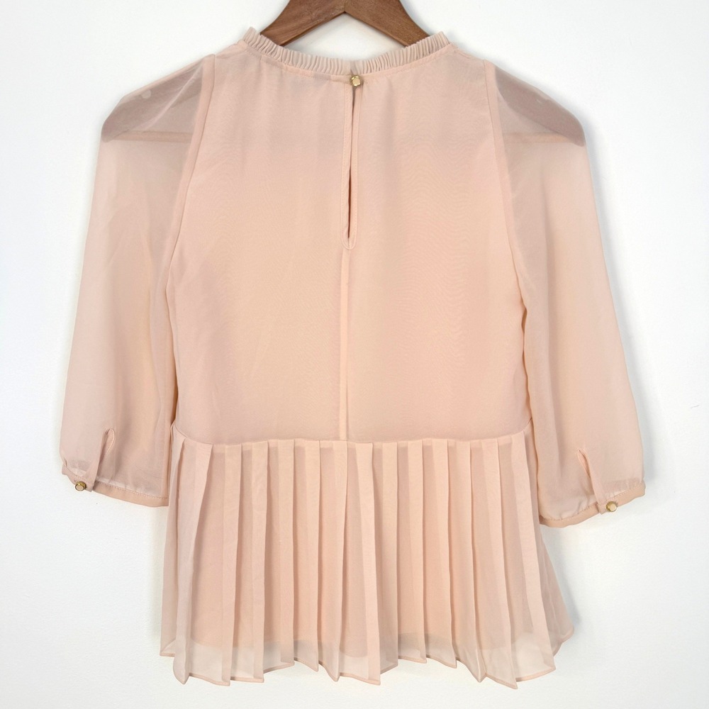 Ted Baker London Pleated Chiffon Blouse Women Size 0 Pink Peplum Sheer Sleeve - Picture 6 of 8